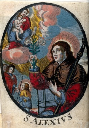 view Saint Alexius. Coloured engraving.