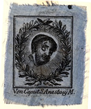 view Saint Anastasius of Spalato: his severed head. Engraving.