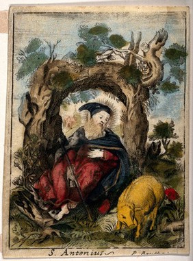 Saint Antony Abbot, in the wilderness, with a pig. Coloured engraving by P. Bouttats.