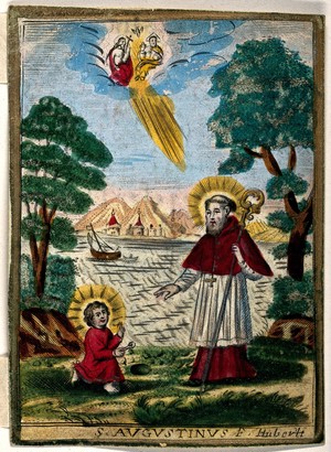 view Saint Augustine of Hippo: a child compares its attempt to empty the sea with a spoon with Saint Augustine's attempts understand the Holy Trinity. Coloured engraving by F. Huybrechts.