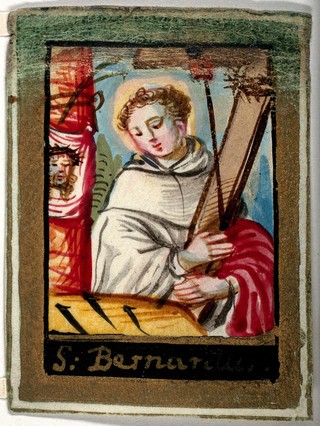 Saint Bernard of Clairvaux with the Instruments of the Passion. Gouache painting.