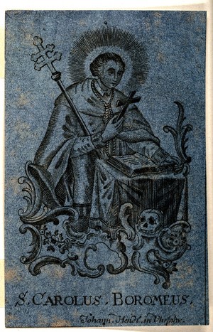 view Saint Carlo Borromeo in prayer. Engraving.