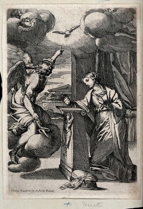 The Annunciation to the Virgin: the Virgin kneels at a prie-dieu, Gabriel points to the Holy Ghost in the form of a dove. Etching by Carlo Maratta.