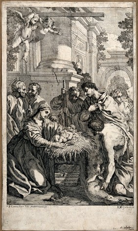 Shepherds adoring the Christ Child. Etching by Robert van Audenaerd after Pietro da Cortona.