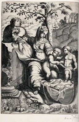 The Holy Family resting on the flight into Egypt: Saint John the Baptist offers a scroll to the Christ Child. Engraving by Diana Scultori after Raphael.