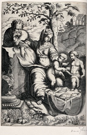 view The Holy Family resting on the flight into Egypt: Saint John the Baptist offers a scroll to the Christ Child. Engraving by Diana Scultori after Raphael.