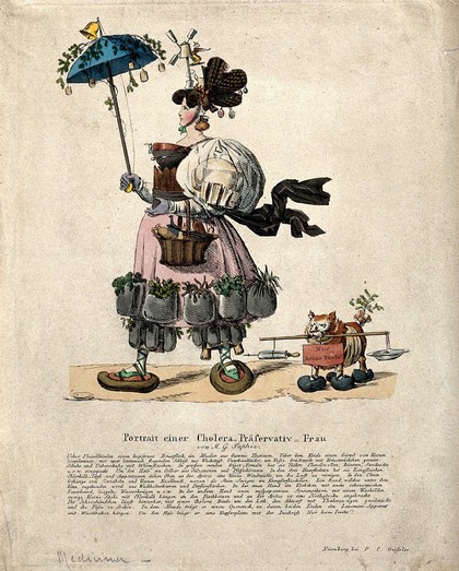 A woman extravagantly equipped to deal with the cholera epidemic of 1832; representing the abundance of dubious advice on how to combat cholera. Etching, c. 1832.