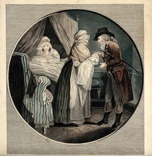 view A mother in bed after having given birth; the midwife showing the baby to the father. Coloured stipple engraving, ca. 1800.