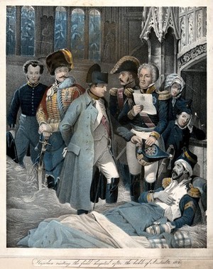 view Battle of Austerlitz: Napoleon visiting wounded soldiers in a church used as a field hospital after the battle. Coloured lithograph.