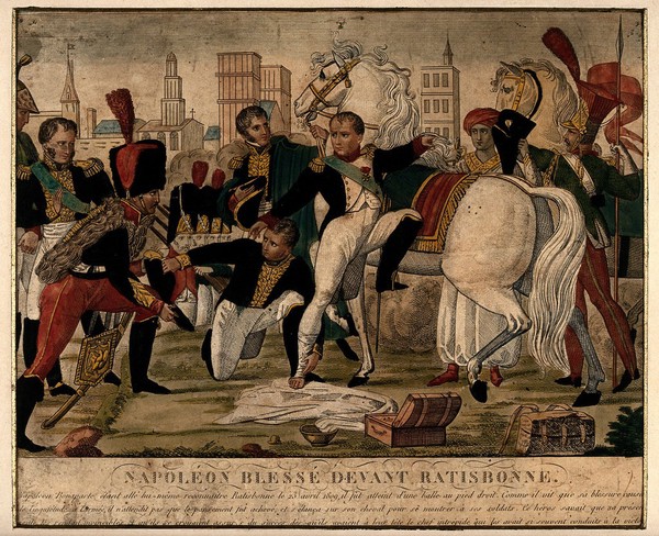 Battle of Ratisbon: Napoleon, shot in the ankle, mounts his horse to join battle before the dressing of the wound is finished. Coloured engraving after C. Gautherot, 1828.