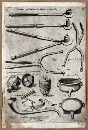 view Surgical instruments. Engraving by G. Georgi, 1656.