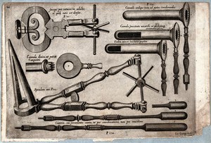 view Surgical instruments. Engraving by G. Georgi, 1656.