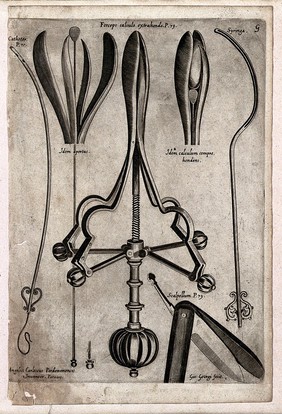 Surgical instruments. Engraving by G. Georgi, 1656.