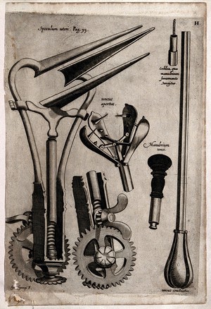 view Surgical instruments. Engraving by G. Georgi, 1656.