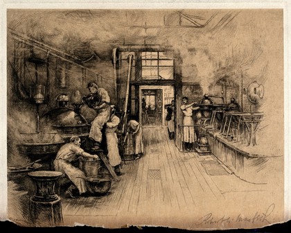 A pharmaceutical business (John Bell & Co.): rooms for manufacture, dispensing, and shop. Etching by R.W. Macbeth.