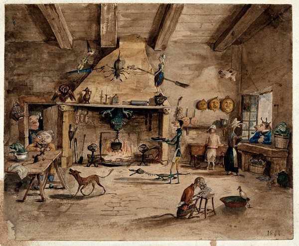 A room with hallucinatory beings and weird furnishings. Watercolour by Auguste Laurent, 1844.