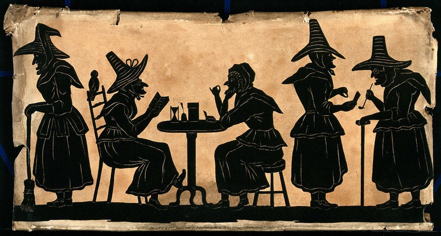 Witches: five silhouetted figures. Aquatint by M. Dubourg after B.A. Townshend, 1815.