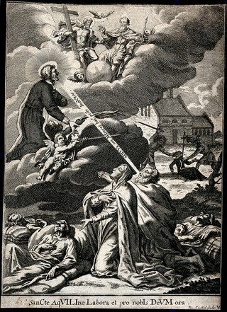 Saint Aquilinus of Milan intercedes before the Holy Trinity for people praying to him for protection against plague. Engraving by B. Kenckel, 17--.