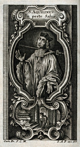 Saint Aquilinus of Milan as a protector against plague. Engraving, 17--.