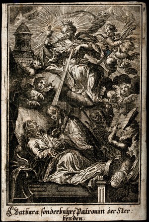 view Saint Barbara comforting the dying. Line engraving, 17--.