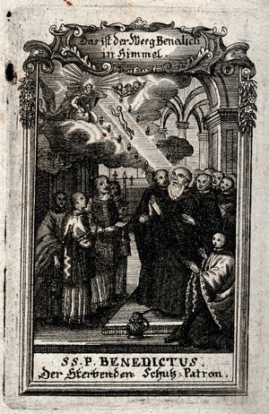 view Saint Benedict: his soul ascending to heaven as a sign of his patronage of the dying. Line engraving, 17--.