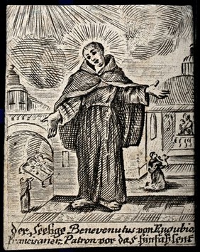 The blessed Benvenuto of Gubbio as patron of the weak and enfeebled. Line engraving, 17--.