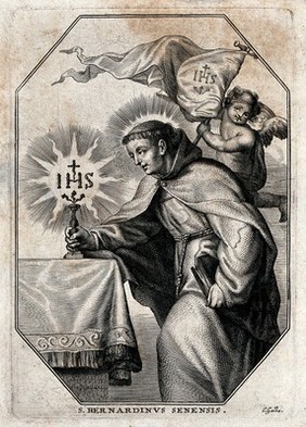 Saint Bernardino of Siena, adoring the name of Jesus. Line engraving by C. Galle.