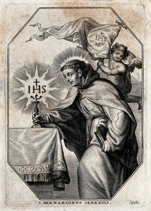 view Saint Bernardino of Siena, adoring the name of Jesus. Line engraving by C. Galle.