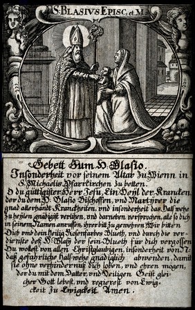 Saint Blaise blessing a baby with a dangerous throat disease (such as diphtheria). Line engraving, 16--.