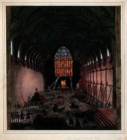 Westminster Hall: fire-fighters preventing the fire of 1834 from entering the hall. Coloured lithograph, 1834.