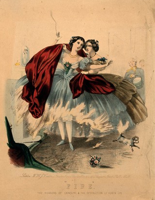 Women wearing crinolines which are set on fire by flames from a domestic fireplace. Coloured lithograph, ca. 1860.