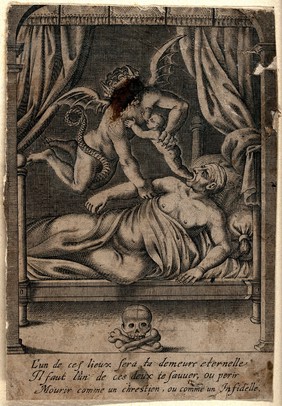 A deathbed: a man breathes his last, the devil flies down and grabs his soul (in the form of a baby) from his mouth. Engraving, 16--.