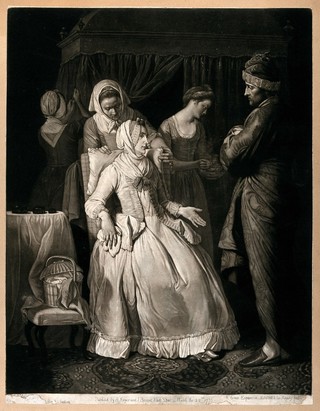 A sick lady addressing her husband, and being nursed by three women. Mezzotint by V. Green after E. Penny, 1774.
