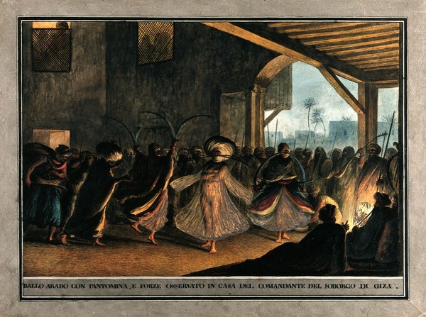 Giza, Egypt: a dance by sword dancers in the commandant's house. Watercolour by Luigi Mayer, 17--.