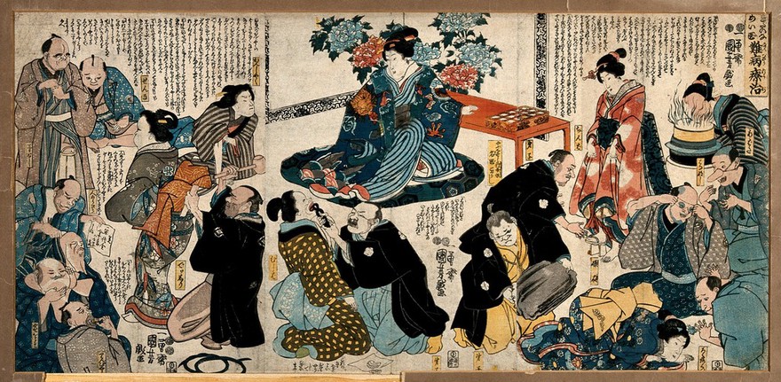 Medical and surgical treatments for a lame princess and others. Colour woodcut by Kuniyoshi, 1849/1852.