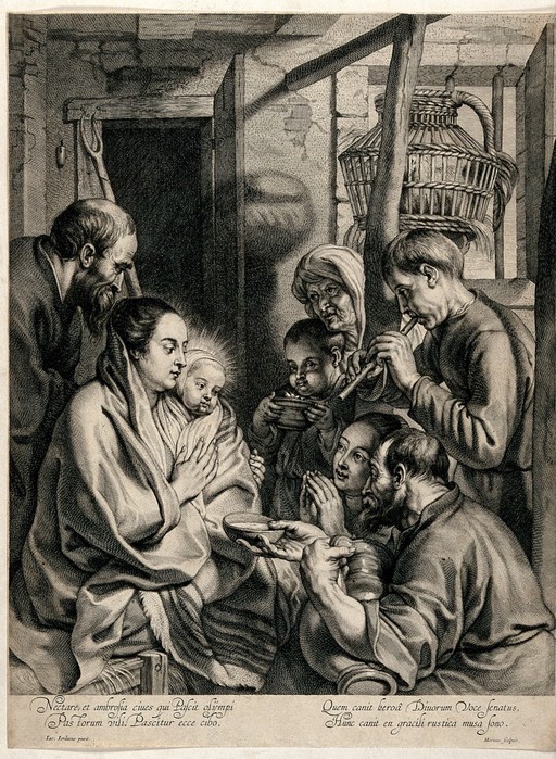 The adoration of the shepherds at the birth of Christ. Engraving by Marinus after J. Jordaens.