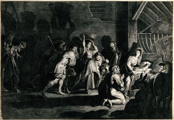 The adoration of the shepherds at the birth of Christ. Engraving by J. Witdoek after P.P. Rubens.