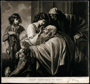 view Tobias curing his father's blindness. Mezzotint by J. Young after B. West, 1792.
