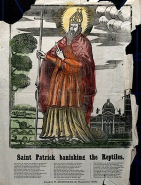 Saint Patrick banishing reptiles from Ireland. Coloured woodcut (?).