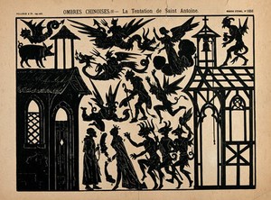 view The temptation of Saint Antony. Lithograph silhouettes.