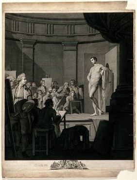A nude male model before a painting and drawing life class. Engraving by S.F. Ravenet, 1771, after J.H. Mortimer.
