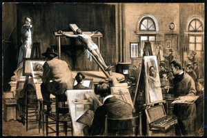 view A life class in Rome with a model posed as a crucified man with an écorché figure to the left. Drawing by A. Bianchini, 1902.