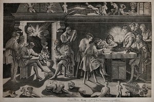 view An interior in candlelight with male figures drawing; sculptures, books, skulls and a human skeleton arranged on a shelf and on the floor. Engraving by E. Vico after B. Bandinelli.