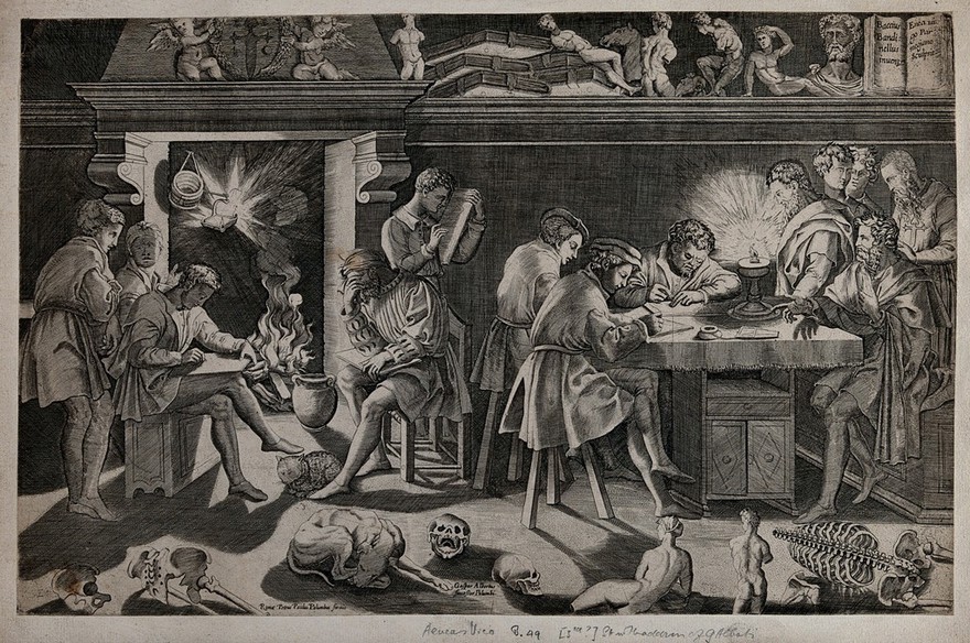 An interior in candlelight with male figures drawing; sculptures, books, skulls and a human skeleton arranged on a shelf and on the floor. Engraving by E. Vico after B. Bandinelli.