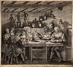 view An interior in candlelight with male figures seated around a table drawing: with sculptures and vases arranged on shelf and table. Engraving by A. Veneziano, 1531.