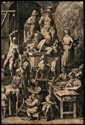 view Figures practising the fine arts and drawing from a suspended skeleton and corpse. Engraving by C. Cort, 1578, after J. van der Straet.