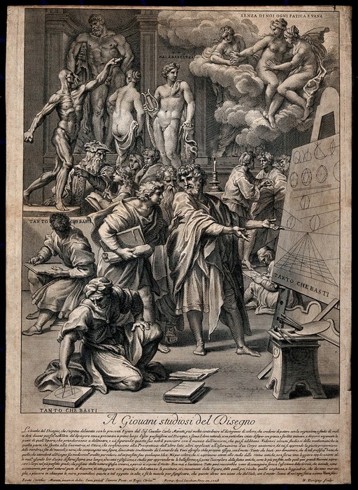 An interior showing groups of men discussing the arts of drawing and painting. Engraving by N. Dorigny, 1728, after Carlo Maratti.