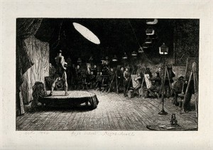 view A male nude model being drawn by the life class at the Royal Academy in London. Etching by C.W. Cope, 1865.