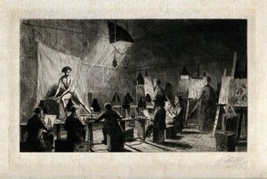 view A male nude model being drawn by a life drawing class by lamplight. Etching by A. Ballin, 1875.