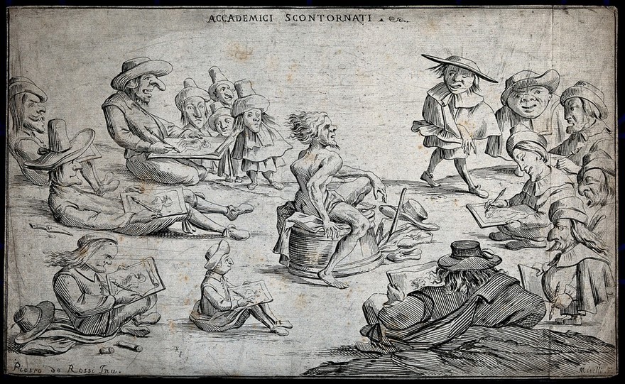 A life-class in a grotesque academy of artists: a hunchback model being drawn by deformed students. Etching by G.M. Mitelli after P. De Rossi, 16--.